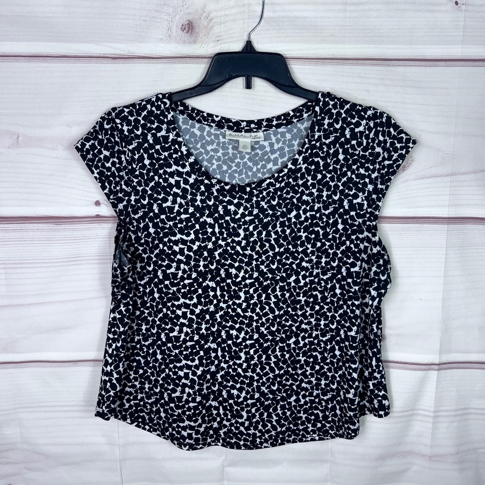 Emaline Top Womens PXL Black Printed Blouse Cap Sleeve Scoop Neck Knit Pullover